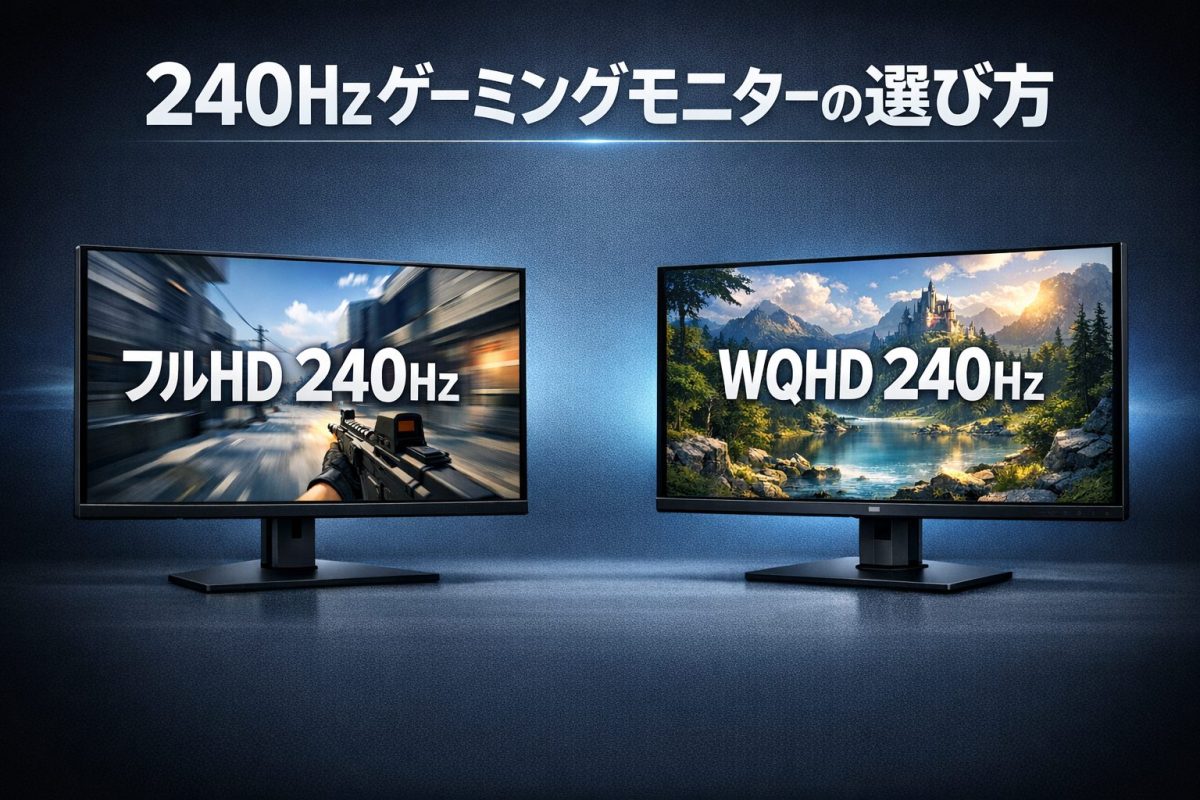 240Hzゲーミングモニターの選び方を示す比較画像で、左にフルHD 240HzのFPS風の高速なゲーム画面、右にWQHD 240Hzの高精細で美しい風景画面を表示した2台のモニターが並び、上部に大きく「240Hzゲーミングモニター」というタイトル文字が配置されている。