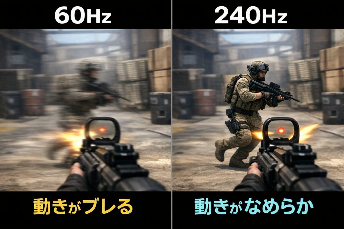 60Hzと240Hzの違いを比較した画像。左の60Hzは敵の動きが大きくぼけ、右の240Hzは動きがくっきり見える構図