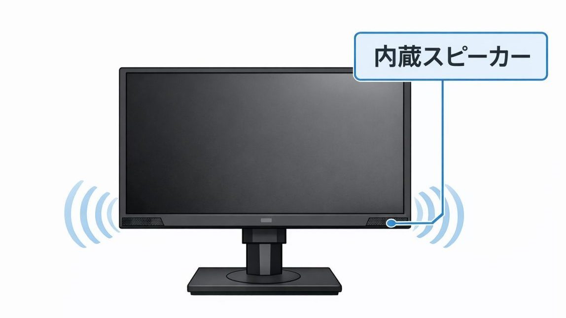 モニターの内蔵スピーカーの位置を示した説明画像。画面下部の左右にあるスピーカー部分を、吹き出しと音波のアイコンでわかりやすく示している。