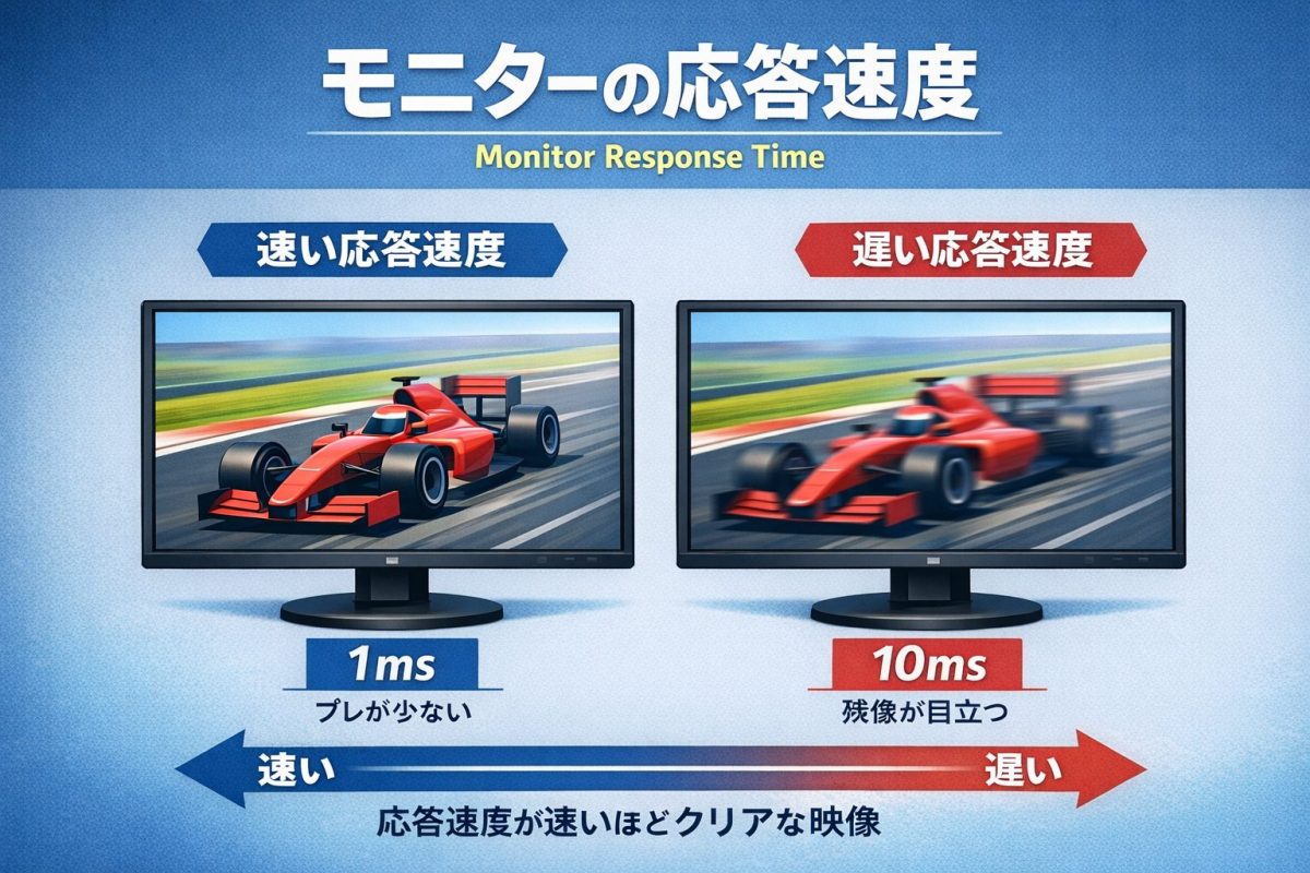 モニターの応答速度の違いを比較したイメージ。1msはブレが少なくクリア、10msは残像が出てぼやけて見える様子を左右で示した図。