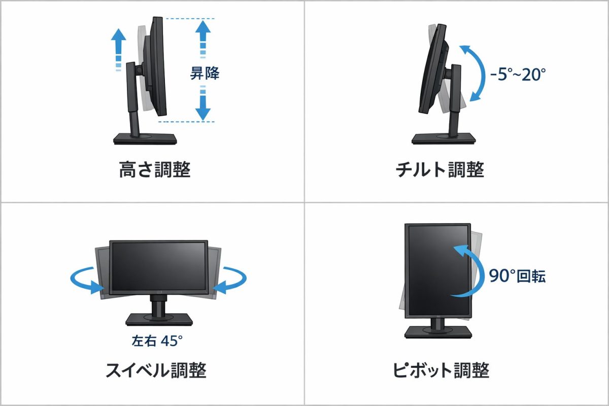 モニターのスタンド調整機能を説明した画像。高さ調整、チルト調整、スイベル調整、ピボット調整の4種類をそれぞれ図で示している。
