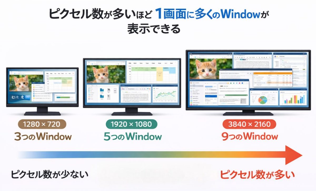ピクセル数が増えるほど1画面に表示できるウィンドウ数が増えることを示す比較図。HD、フルHD、4Kの3つのモニターで、画面内のウィンドウ数が段階的に増えている様子を示している。