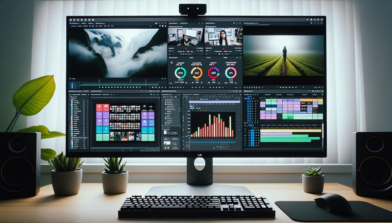 4kゲーミングモニターで一画面にいろんなソフトウェアのウィンドウを表示している様子