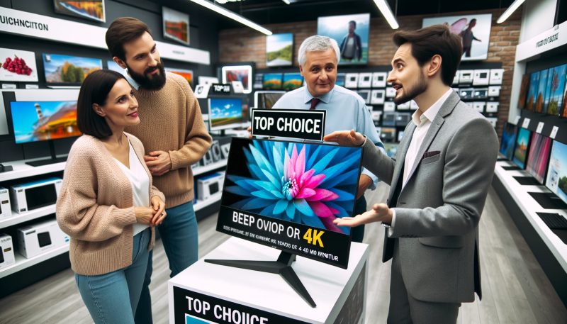 モニター販売店で4kゲーミングモニターをおすすめされている様子