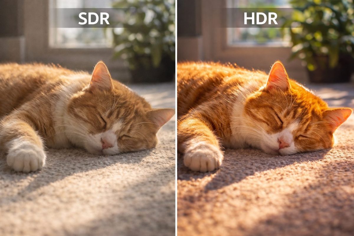 日差しの入る室内で眠る茶白の猫を左右で比較した画像。左はSDRで光や毛並みの表現がやや控えめ、右はHDRで毛の質感や暖かな光、背景の明暗差がよりはっきり表現されている