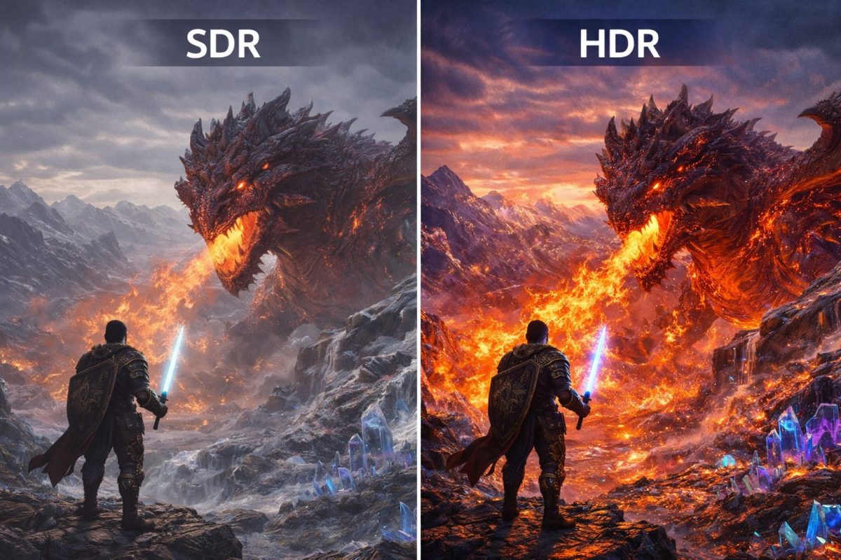 雪山の谷で巨大な炎のドラゴンと向き合うゲーム風景を左右で比較した画像。左はSDRで全体がややくすみ気味、右はHDRで炎の明るさ、空の色、岩肌や結晶のディテールがより鮮明に表現されている