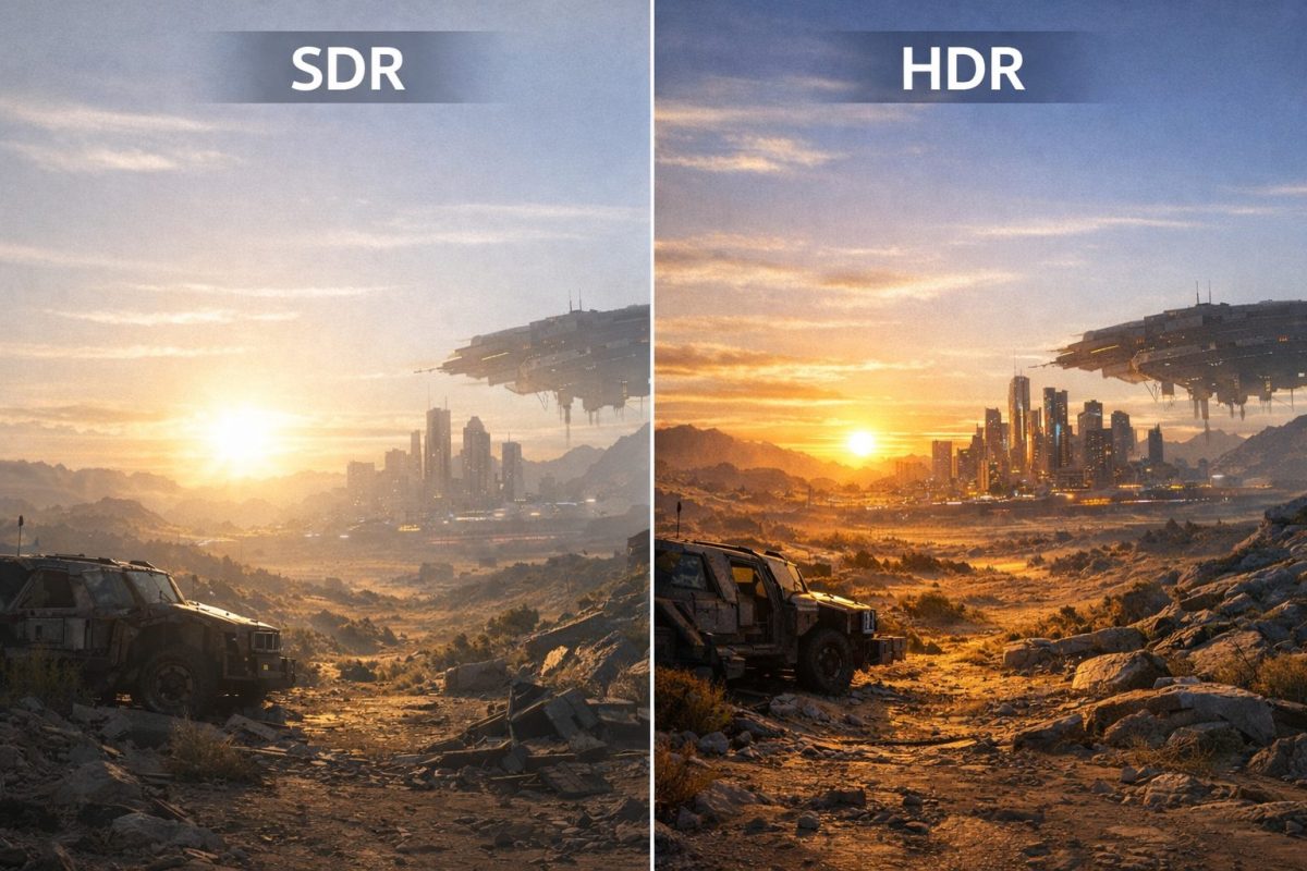 夕暮れの荒野と未来都市のゲーム風景を左右で比較した画像。左はSDRで空が白飛びし暗部がつぶれ気味、右はHDRで明るい部分の階調と暗部のディテール、色の深みが自然に表現されている