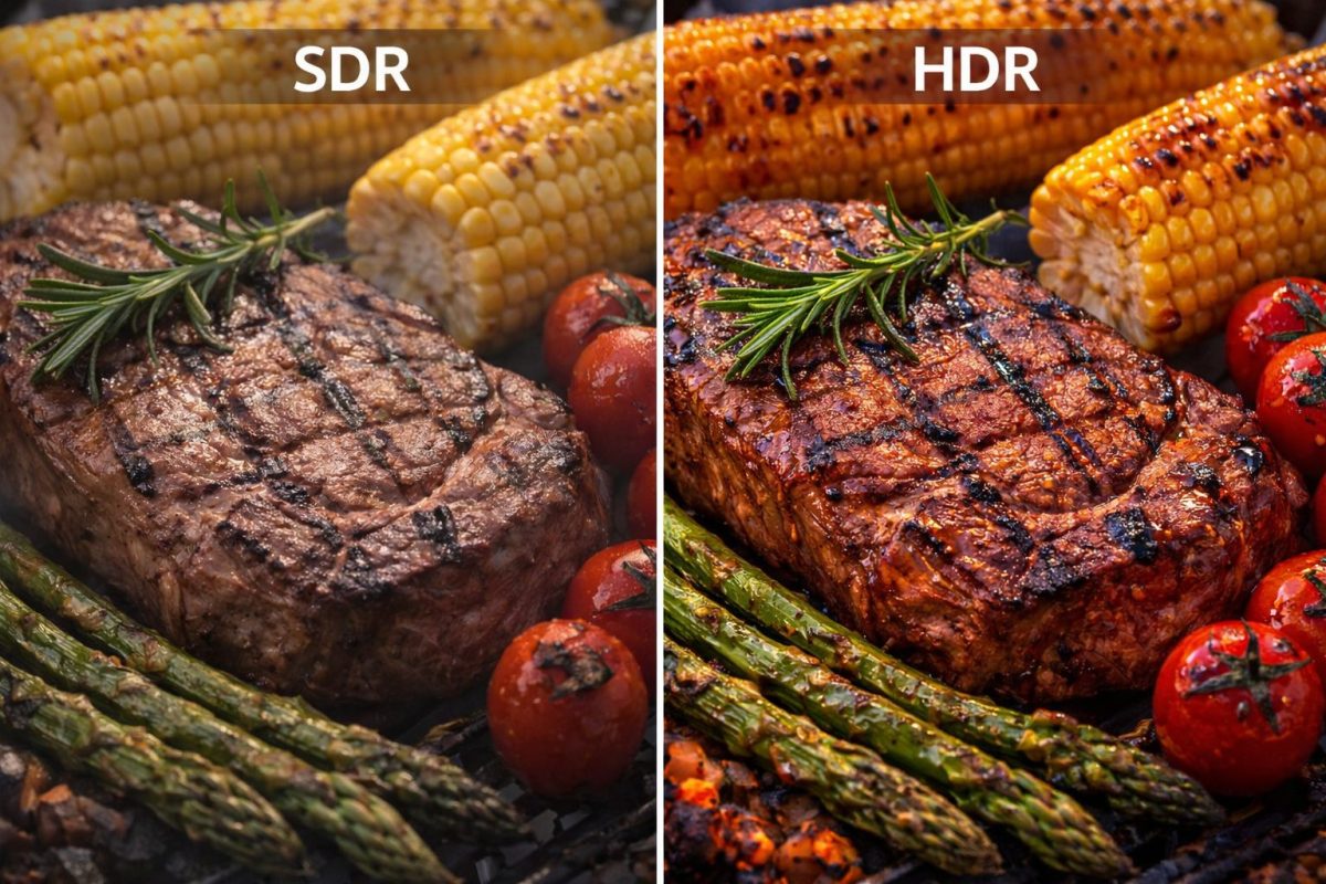 ステーキ、焼きとうもろこし、アスパラガス、トマトを左右で比較した画像。左はSDRで全体の色や焼き目がやや控えめ、右はHDRで肉の焼き色や野菜の色味、光の立体感がよりはっきり表現されている