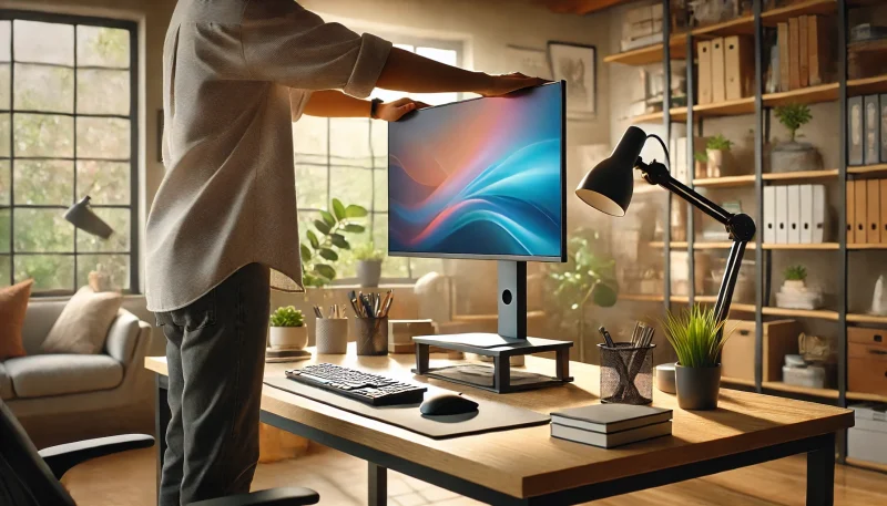 モニターの高さを調節しているところ