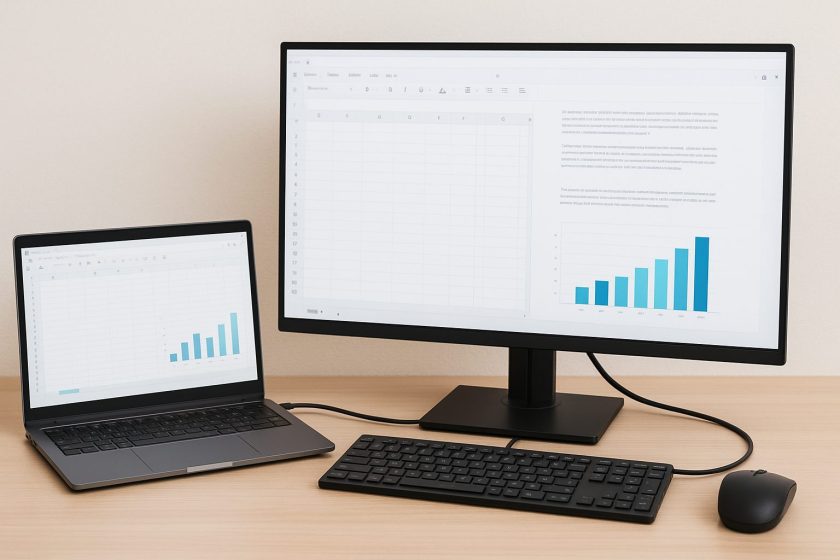 ノートPCをゲーミングモニターに接続し、画面拡張で2画面で作業している様子