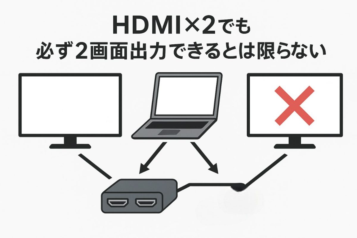 ノートPCからドッキングステーション経由でモニター2枚に映像が出力される流れの図解