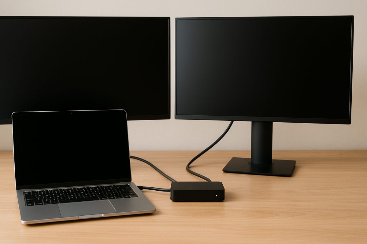 ノートPCがドッキングステーションを介して2枚の外部モニターに接続されている様子を示すデスク上の実写風セットアップ画像