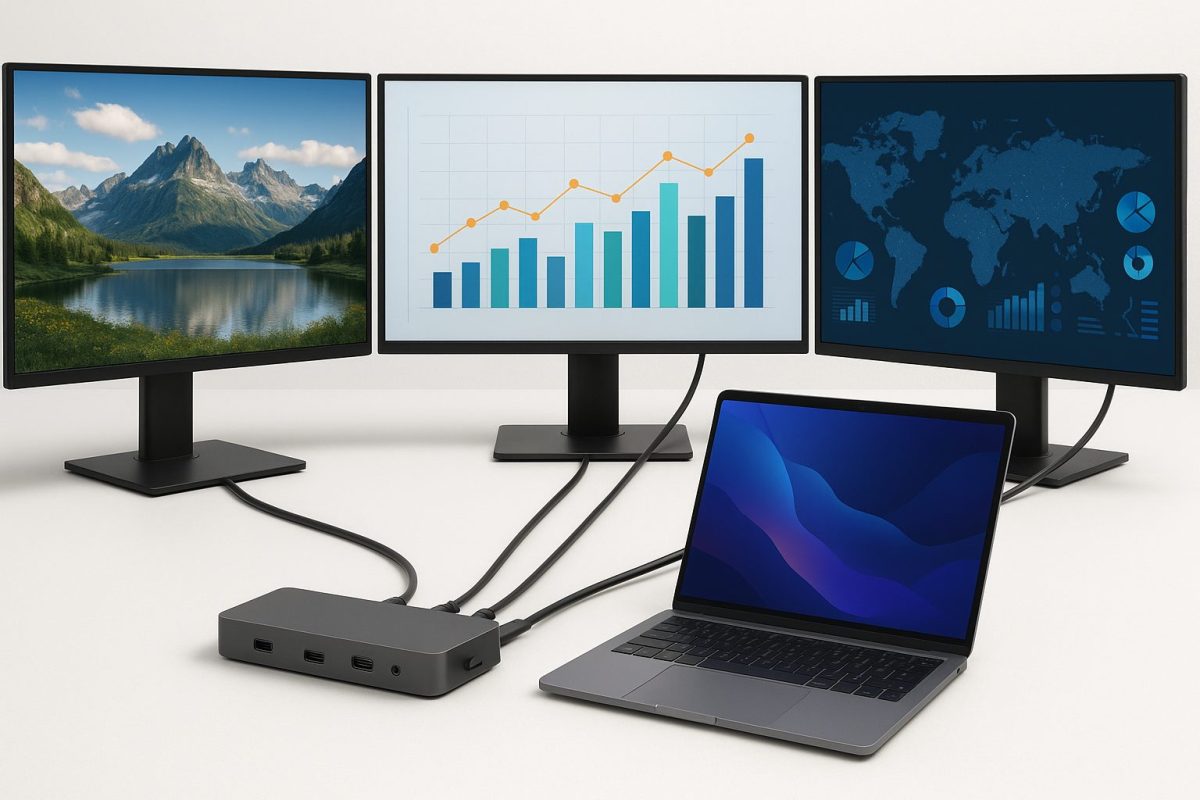 ノートPCからドッキングステーション経由で3画面へ映像が出力されている様子