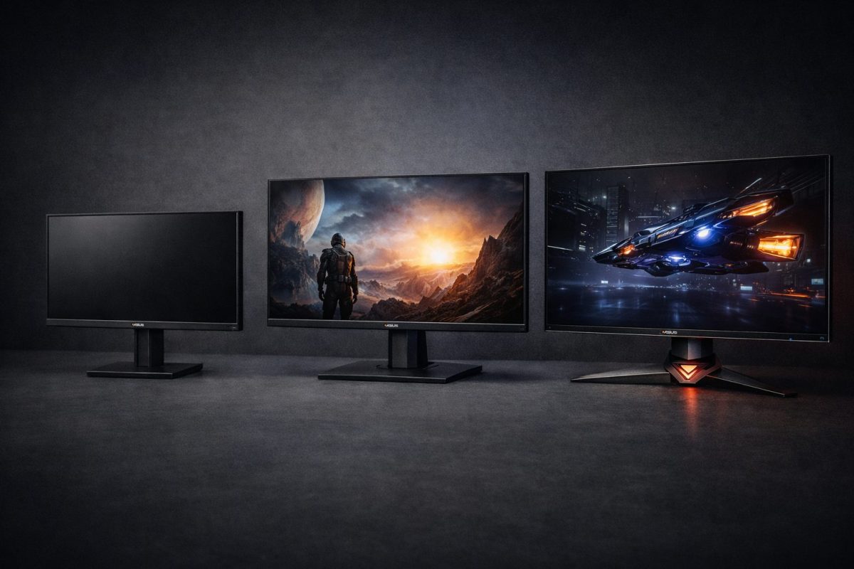 暗い背景の前に3台のASUS系ゲーミングモニターが横並びで配置されたイメージ。左はシンプルな実用モデル、中は標準的な定番モデル、右は高級感のある上位モデルで、価格帯と方向性の広さが伝わる構図。