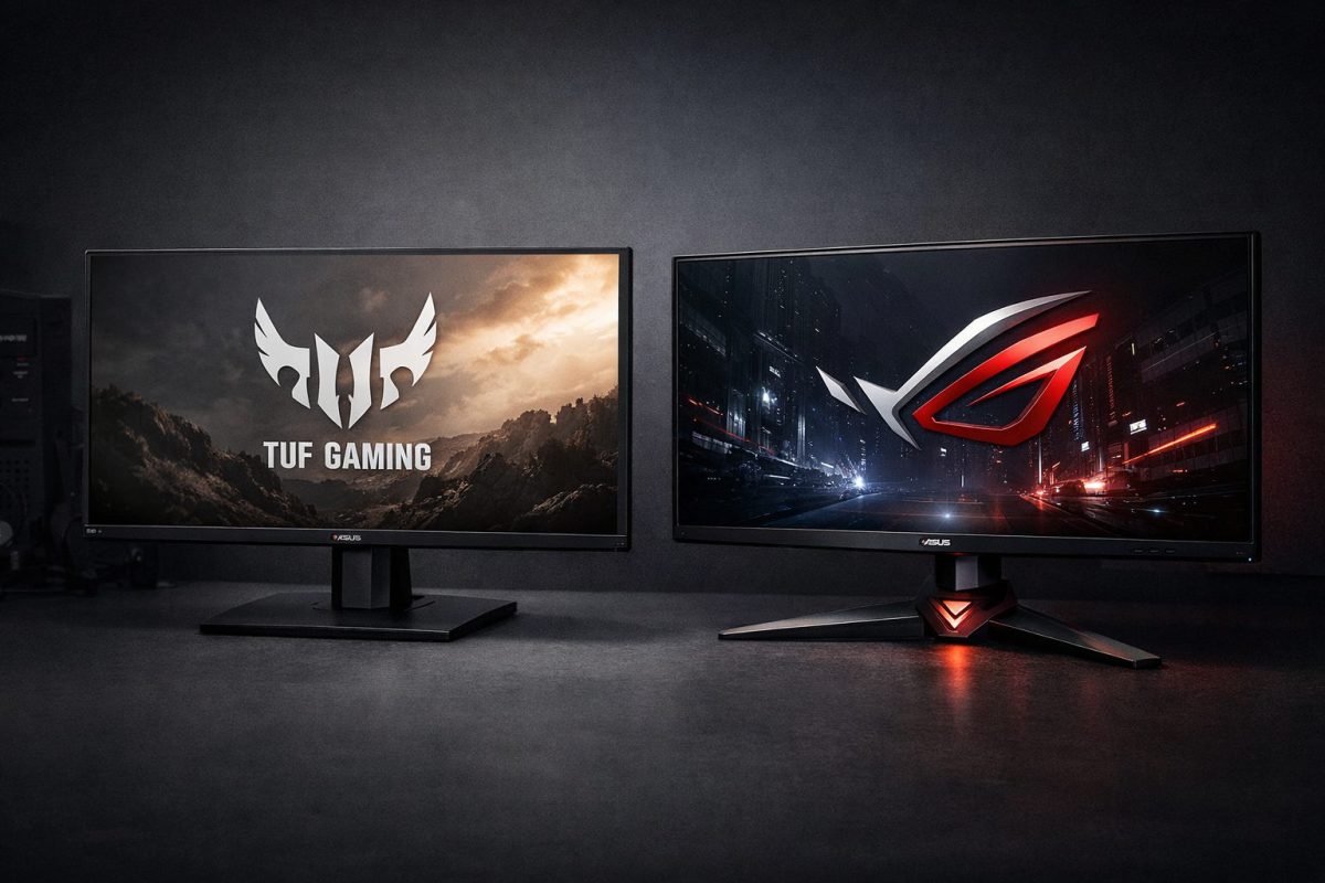 暗い背景の中で2台のASUS系ゲーミングモニターが並んでいる。左は落ち着いたデザインのTUF Gaming風モニター、右は高級感のあるROG風モニターで、シリーズの立ち位置の違いが伝わる構図。