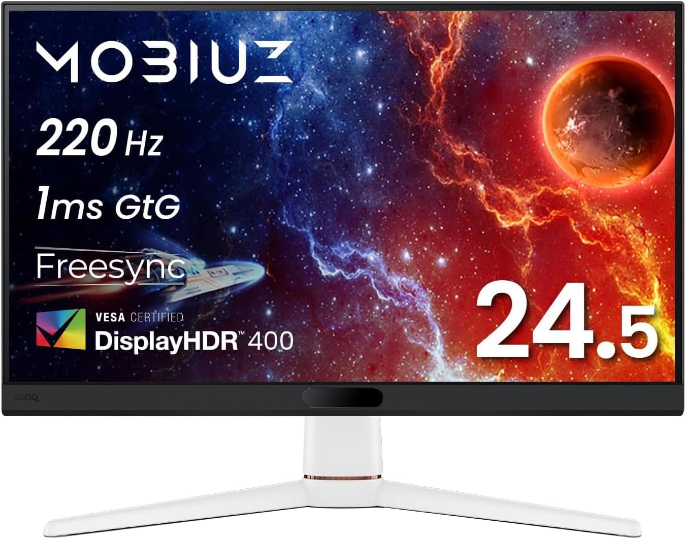 BenQ MOBIUZ EX251 ゲーミングモニター本体の画像。簡易的なスペックが軽く画面上に表示されている。