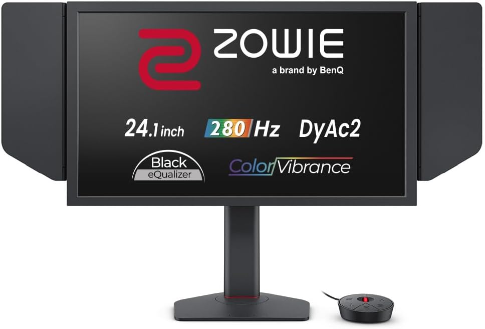 BenQ ZOWIE XL2546X+ ゲーミングモニター本体の画像。簡易的なスペックが軽く画面上に表示されている。