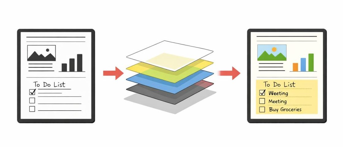 白黒表示の電子ペーパーを土台に、その上に色の層が重なってカラー表示になる仕組みを示した図解