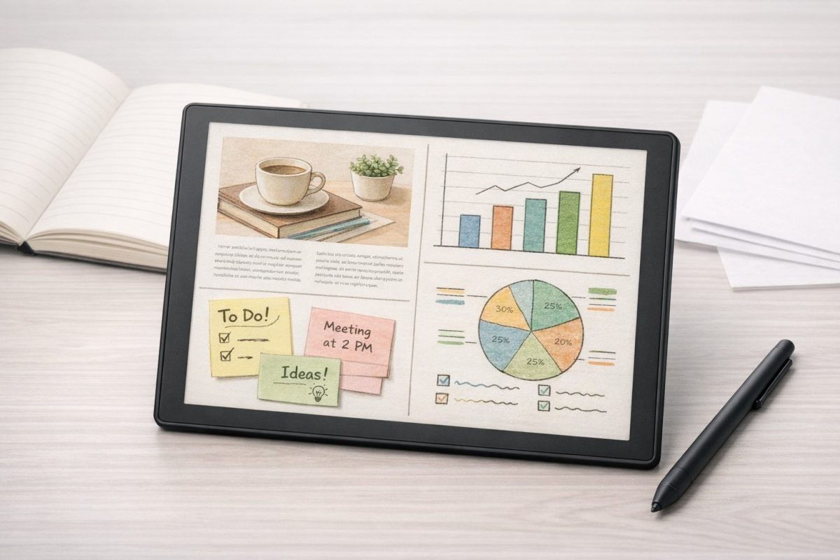 カラー電子ペーパー端末がデスク上に置かれ、手書き風のグラフ・ノート・図表が表示されている様子