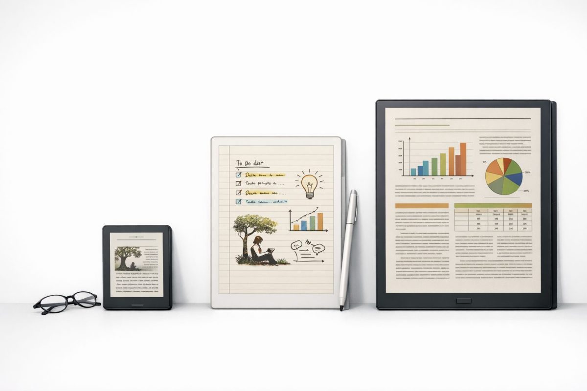 サイズの異なるカラー電子ペーパー端末を横並びに配置した画像。左は小型で電子書籍を表示した読書向け端末、中央は手書きノートや図がカラーで表示されたノート向け端末、右はグラフや表を含むPDF資料をカラーで表示した大型端末となっており、用途とサイズの違いが一目でわかる構図になっている。