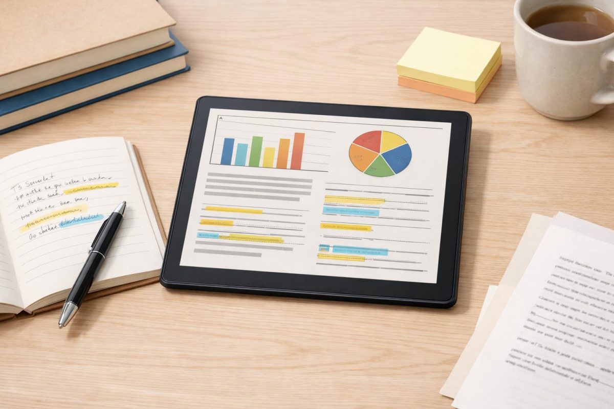 デスクの上に置かれたカラー電子ペーパー端末に、色分けされたPDF資料、グラフ、黄色と青のマーカー付きノート風の内容が表示されている画像。周囲には紙のノート、ペン、参考書、書類が控えめに置かれ、学習や仕事に向いた落ち着いた作業環境を表している。