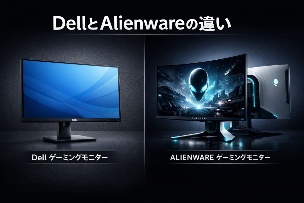 左にシンプルで落ち着いたDell系ゲーミングモニター、右に未来感のあるAlienware系ゲーミングモニターを配置し、上部に「DellとAlienwareの違い」と表示した比較画像