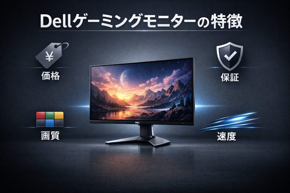 中央にDell系のゲーミングモニターを配置し、周囲に「価格」「画質」「速度」「保証」を表すモチーフを控えめに配置した、Dellゲーミングモニターの特徴を示す画像