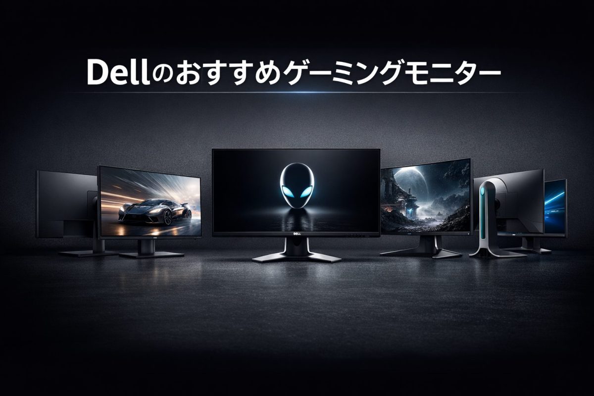 ダークトーンの背景に「Dellのおすすめゲーミングモニター」と大きく表示し、Dell系とAlienware系の複数のゲーミングモニターを横並びで配置した画像