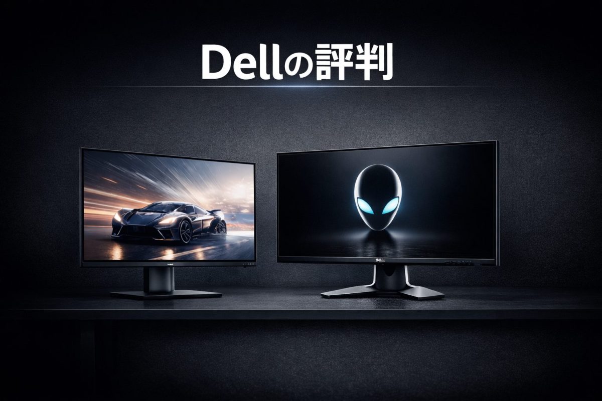 ダークグレーの背景に「Dellの評判」と大きく表示し、落ち着いたDell系モニターと存在感のあるAlienware系モニターを横に並べた画像