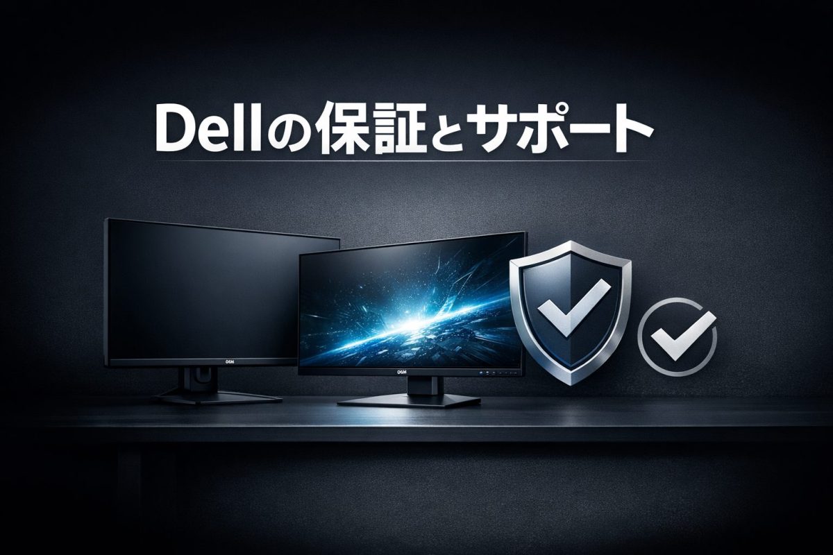 ダークグレーの背景に「Dellの保証とサポート」と大きく表示し、Dell系モニターの横にシールドとチェックマークのモチーフを配置した画像