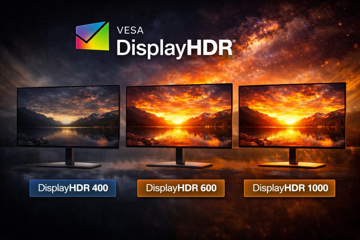 DisplayHDR 400・DisplayHDR 600・DisplayHDR 1000のHDR輝度表現の違いを3台のモニターで比較したイメージ