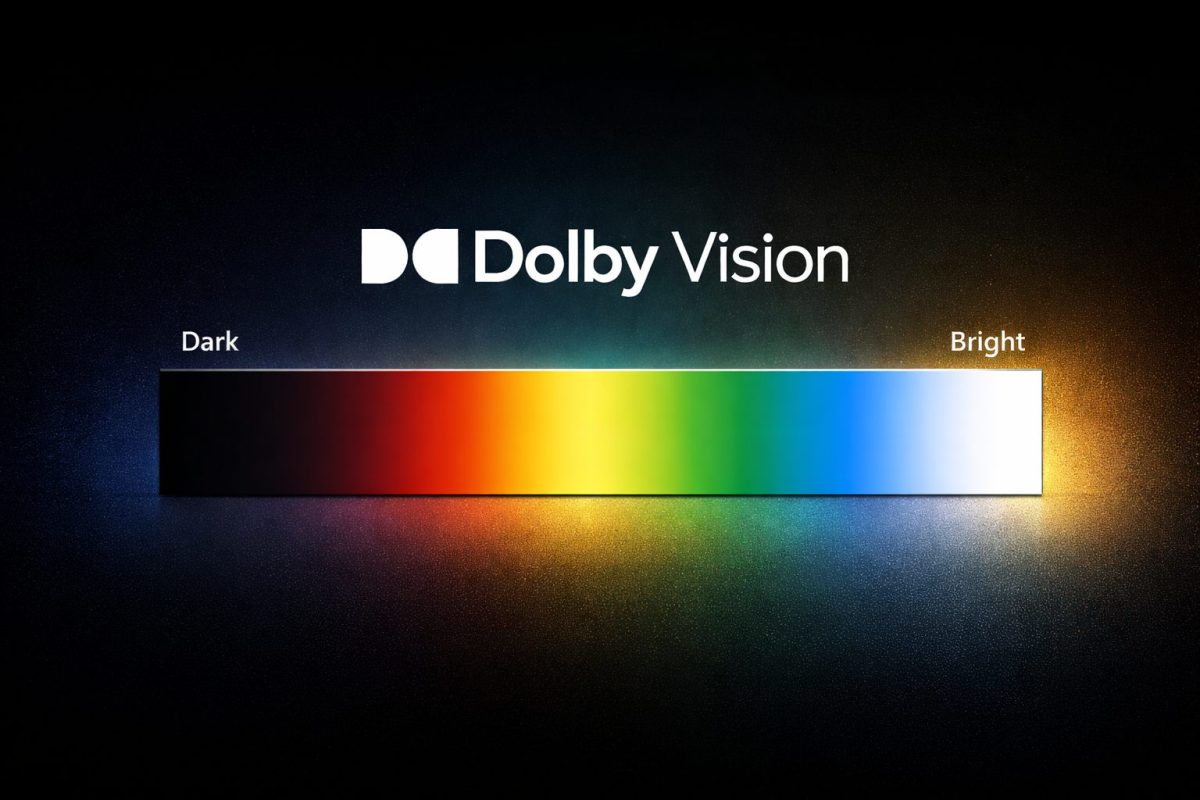 Dolby Visionロゴと暗部から明部へ広がる色グラデーションでHDRのダイナミックレンジを表したイメージ。