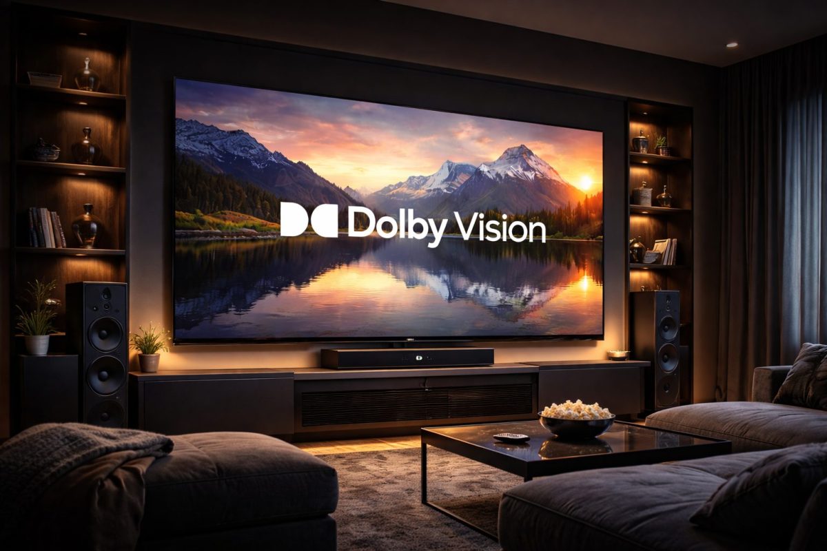 ホームシアターの大画面テレビでDolby VisionのHDR映像を視聴しているイメージ。