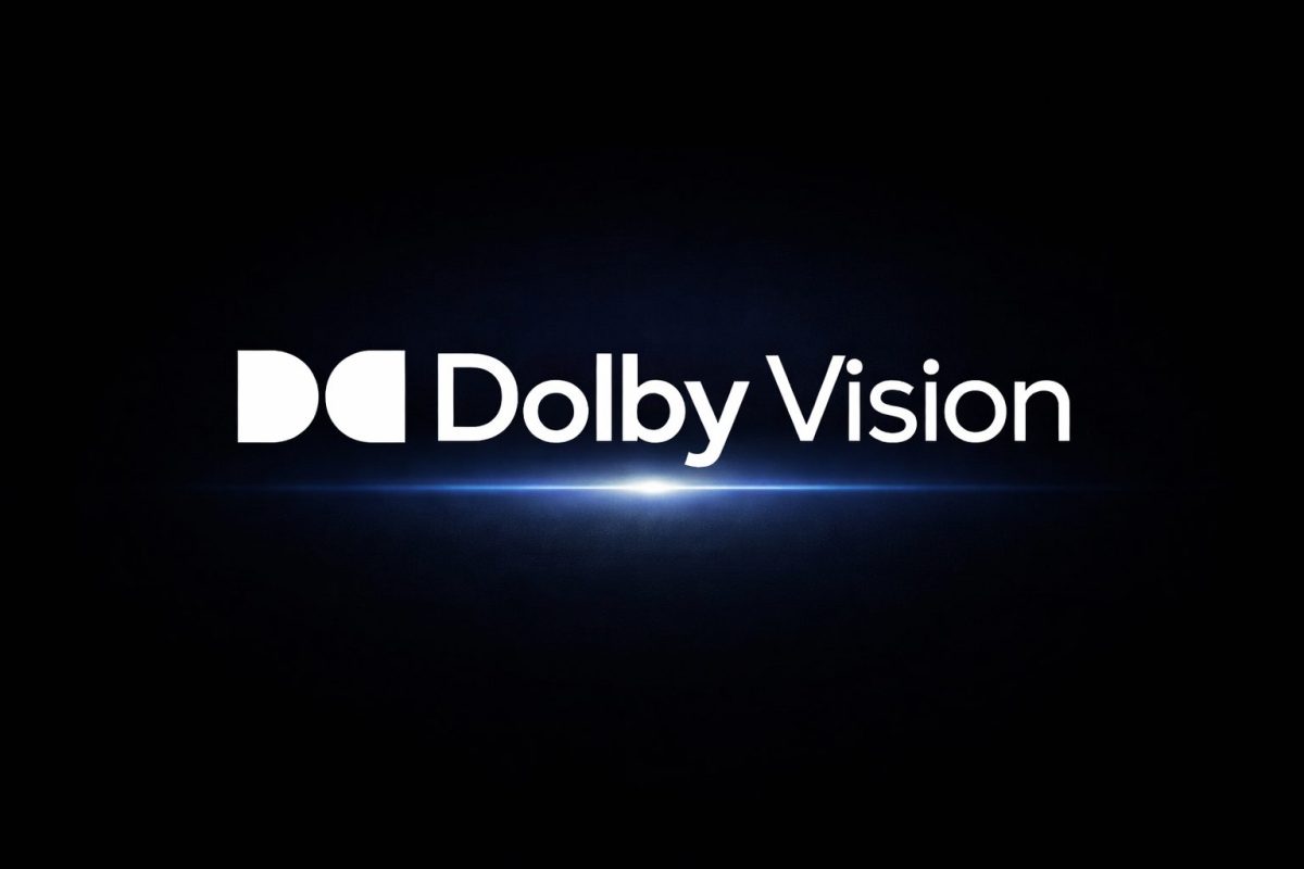 Dolby Visionロゴが中央に配置されたダークな背景のミニマルなデザイン。ロゴ下部に光のラインがありHDR映像技術のイメージを表現している。
