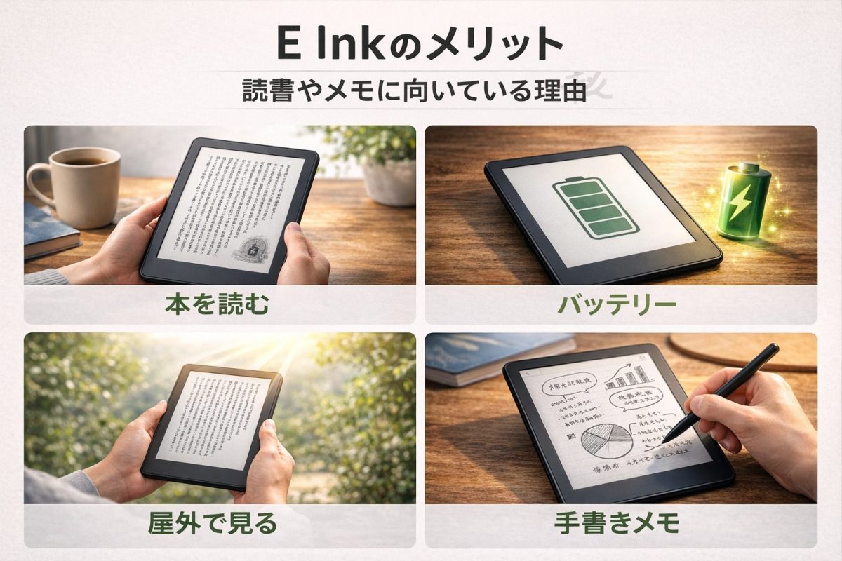 読書・省電力・屋外での見やすさ・手書きメモの4つのメリットを、4分割でシンプルに整理して並べたE Inkの特徴を示すイメージ画像。