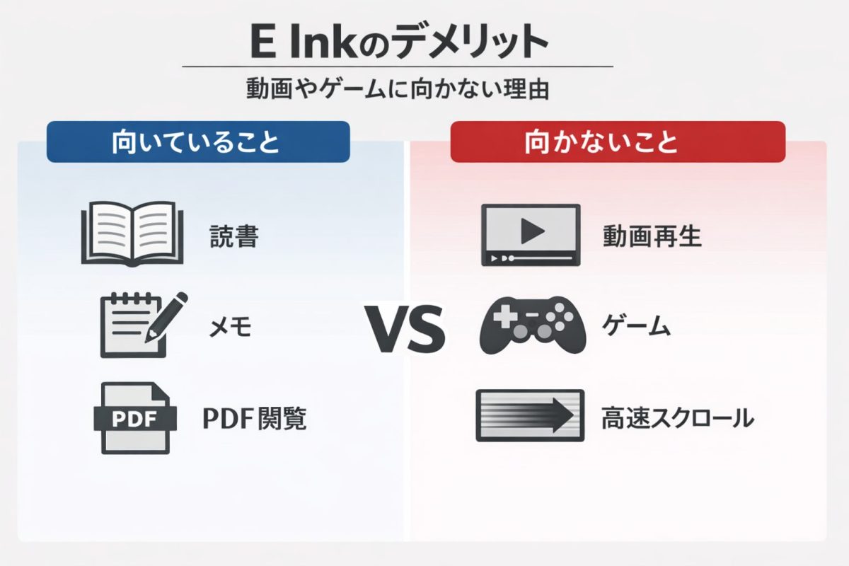 E Inkに向いている用途（読書・メモ・PDF閲覧）と向いていない用途（動画再生・ゲーム・高速スクロール）を左右で対比したイメージ画像。