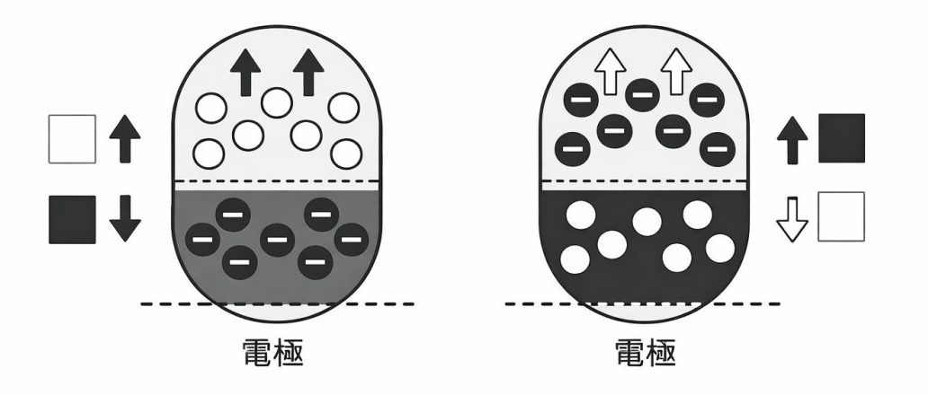電子ペーパーの内部で白と黒の粒子が上下に移動し、表面に見える色が切り替わる仕組みを簡易的に示した図解