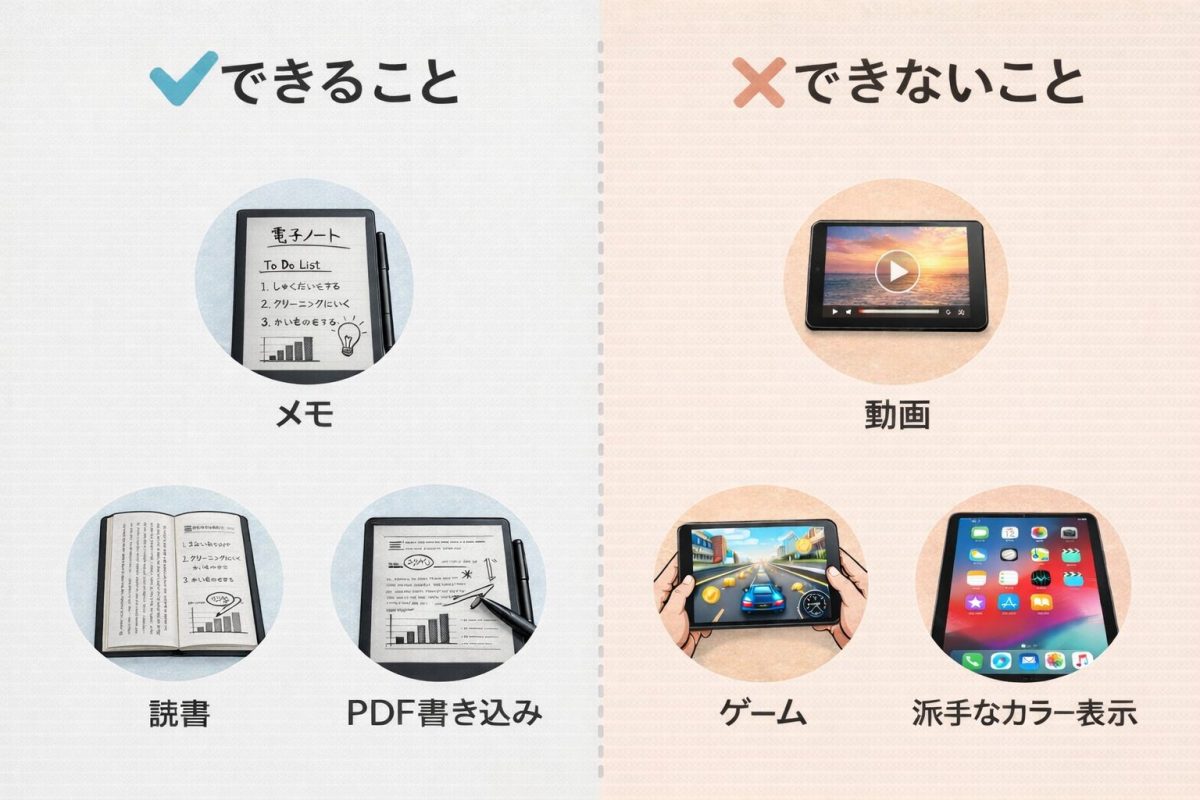 電子ノートでできることとできないことを左右で比較した図で、左側にメモ・読書・PDF書き込み、右側に動画・ゲーム・派手なカラー表示がアイコン付きで整理されている