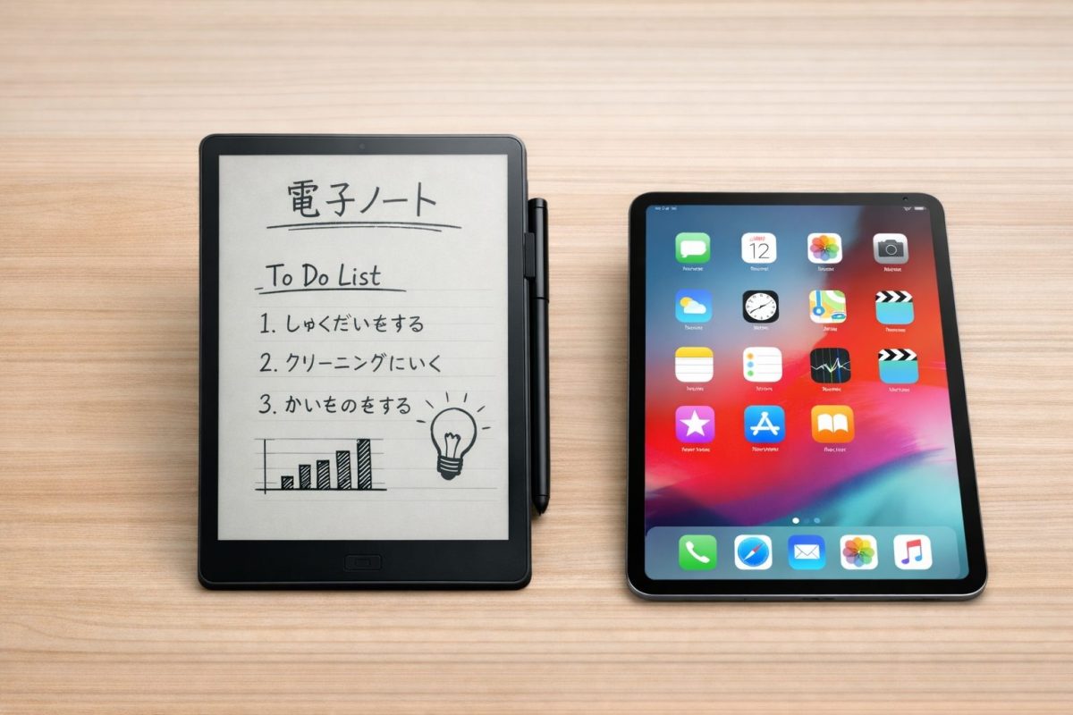 電子ノート端末とタブレット端末を横に並べた比較画像。電子ノートにはToDoリストが表示され、タブレットにはカラフルなアプリアイコンが表示されている