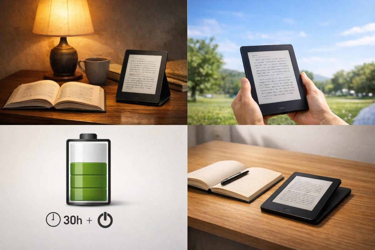 室内の落ち着いた照明で電子ペーパー端末と紙の本を読むシーン、屋外の日差しの中で電子ペーパー端末を読む手元、満充電に近いバッテリーアイコン、シンプルな机の上でノートとペンと電子ペーパー端末を使うミニマルな作業環境の4つのイメージが描かれている
