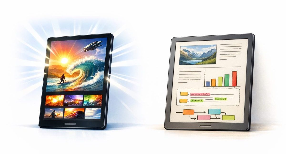 発光するタブレット端末と反射して見るカラー電子ペーパー端末を並べた比較画像。左は薄型の液晶または有機ELタブレットが強い光を放ちながら鮮やかな映像を表示し、右は薄型のカラー電子ペーパー端末が紙のように落ち着いた見え方でカラー資料や電子書籍風の内容を表示している。