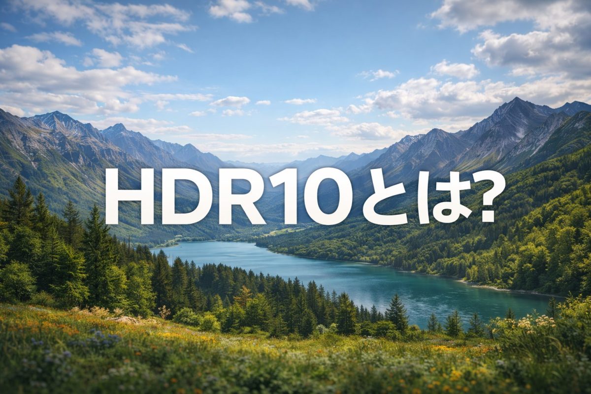 山と湖の風景を背景に「HDR10とは？」という大きな文字が表示されている
