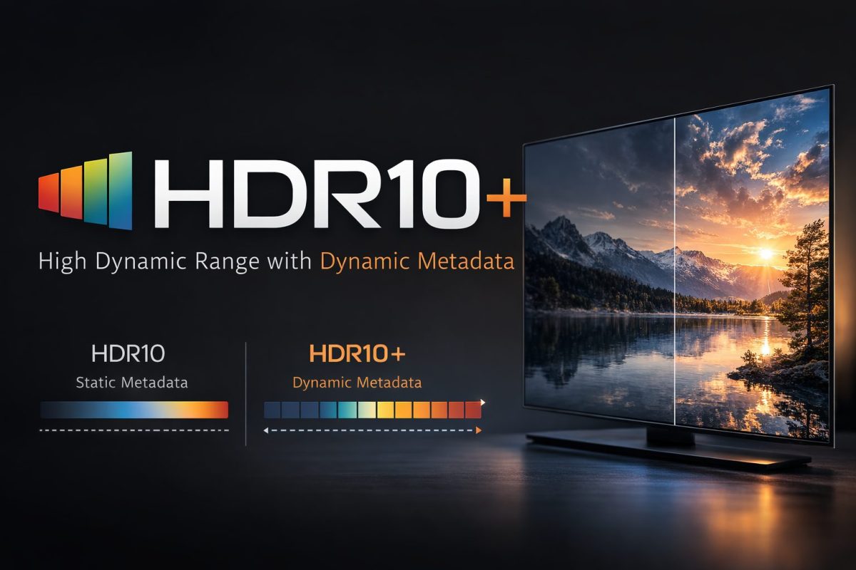 HDR10の静的メタデータとHDR10+の動的メタデータの違いをグラフとモニター表示で示したHDR技術のイメージ図