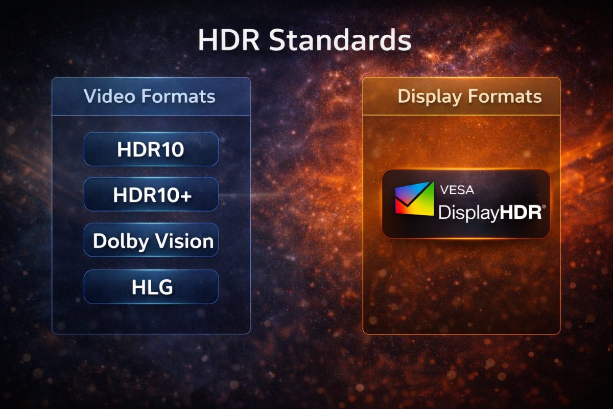 HDR10・HDR10+・Dolby Vision・HLGなどの映像HDR規格と、ディスプレイのHDR性能規格であるDisplayHDRの関係を左右に分けて示した図