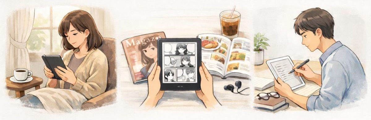 小説・マンガ・雑誌・ノート用途で電子書籍リーダーを使い分ける読書スタイルを横並びで表現したイラスト