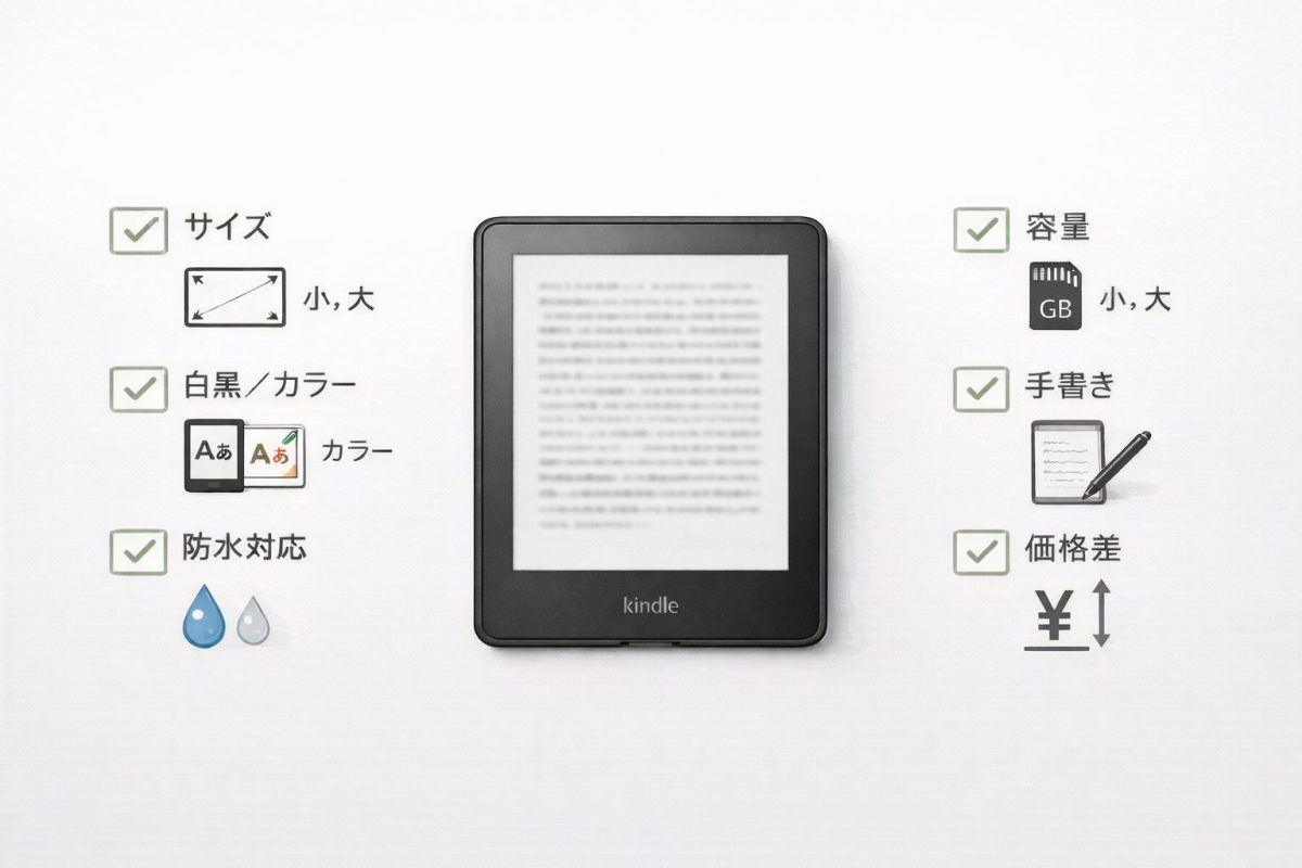 電子書籍リーダーを中心にサイズ・白黒カラー・防水・容量・手書き・価格差の選び方ポイントをアイコンで整理したチェックリスト風イラスト