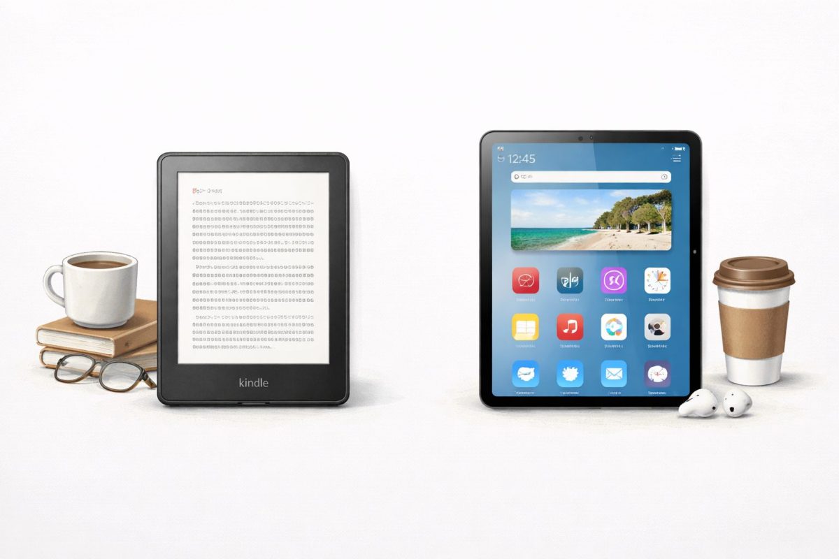 左に文字中心の電子書籍リーダー、右にアプリや動画を表示するタブレットを並べて用途の違いを比較したイラスト