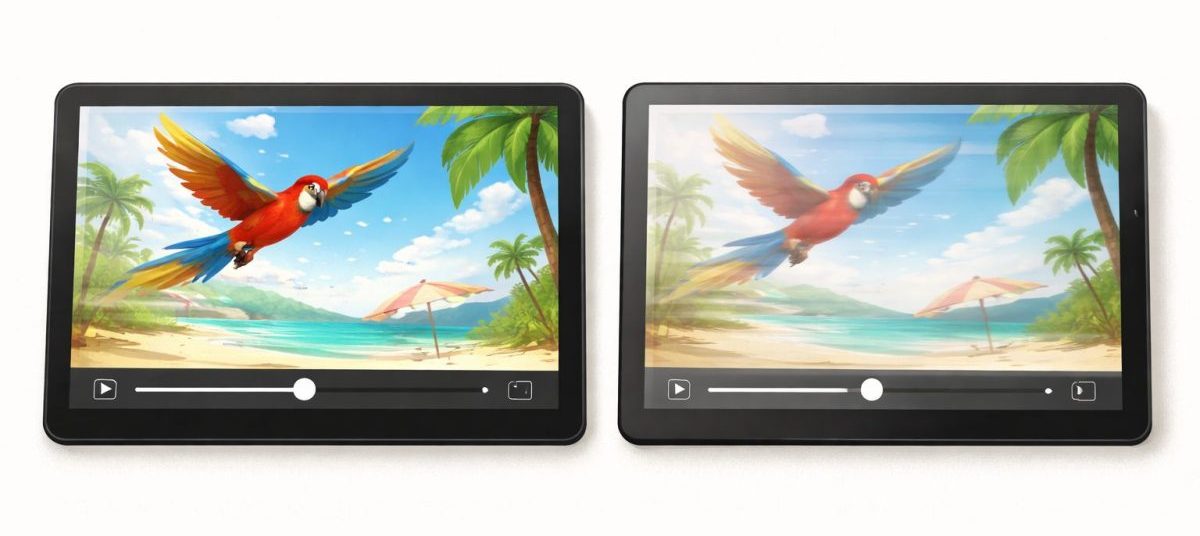 液晶または有機ELタブレットとカラー電子ペーパー端末を並べた比較画像。左はカラフルな映像風コンテンツを鮮やかで高コントラストに表示し、右は同じ内容を落ち着いた色味で表示している。右側は動きのある被写体がやや控えめで、静止画向きの見え方が伝わる構図になっている。