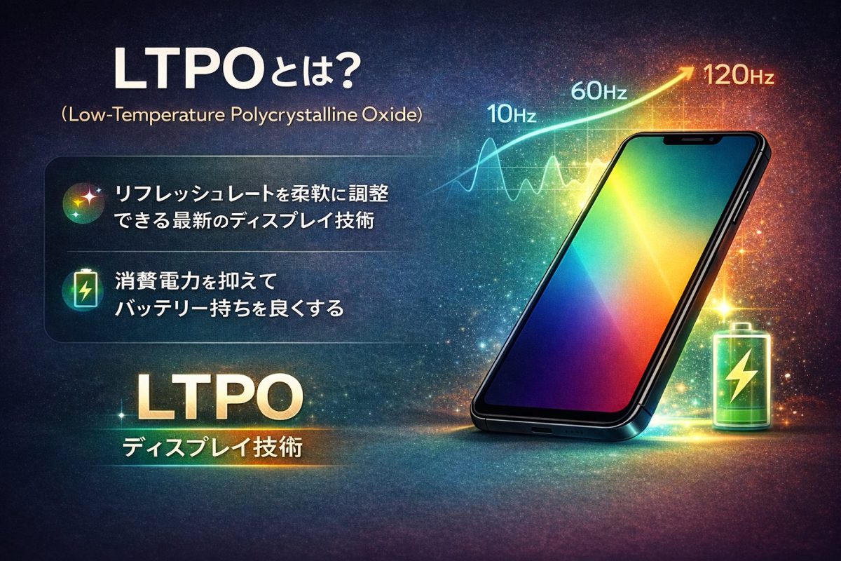 LTPOディスプレイの仕組みを示すイメージ。スマートフォンの画面のリフレッシュレートが10Hz・60Hz・120Hzへ変化する様子と、バッテリー効率の向上を表すアイコンが表示されている。