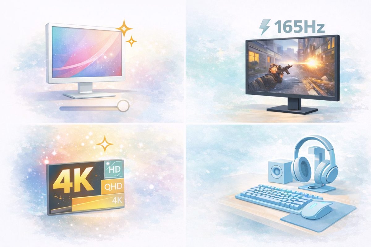 ゲーミングモニター選びの4つのポイント（デザイン性・高リフレッシュレート・解像度・周辺機器）を分かりやすく整理した図解イメージ